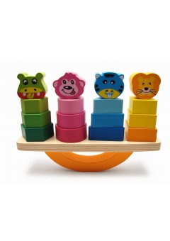 Arca lui Noe - Joc de echilibru, sortare si stivuire forme geometrice din lemn animale salbatice multicolor Montessori